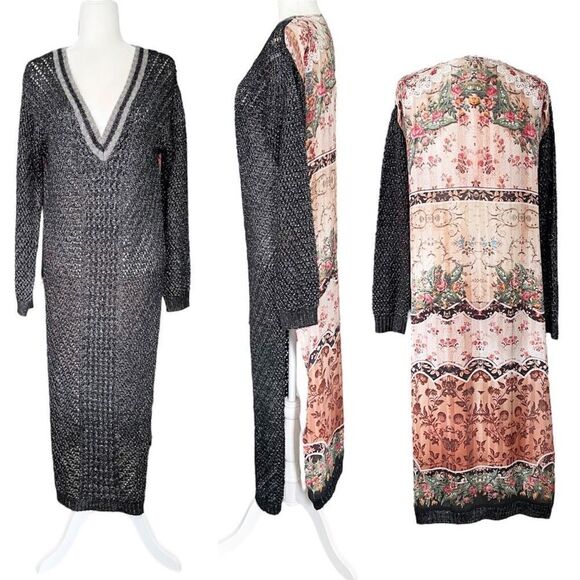 Aratta Silent Journey open Knit Tunic Duster Sweater Floral Panel Size Small - Picture 1 of 8